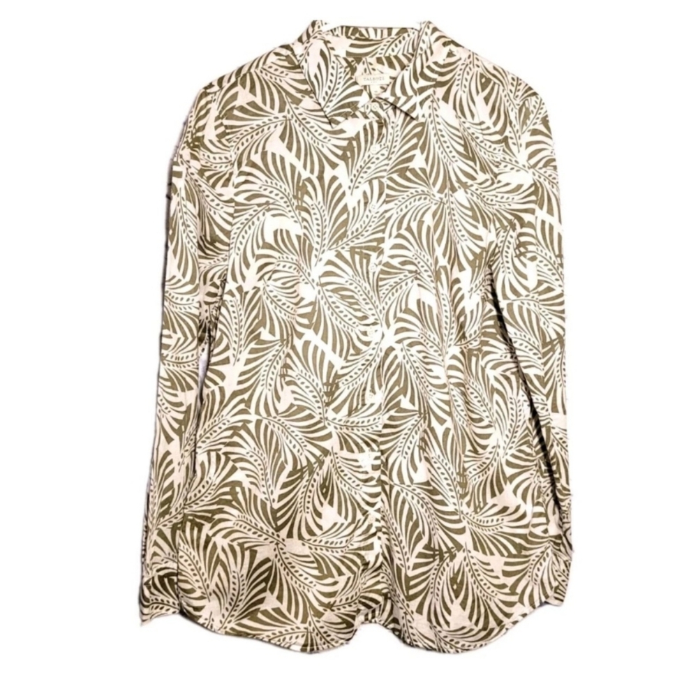 Talbots Women’s Top White & Green Size M Classic Cotton Shirt With Fan Leaves